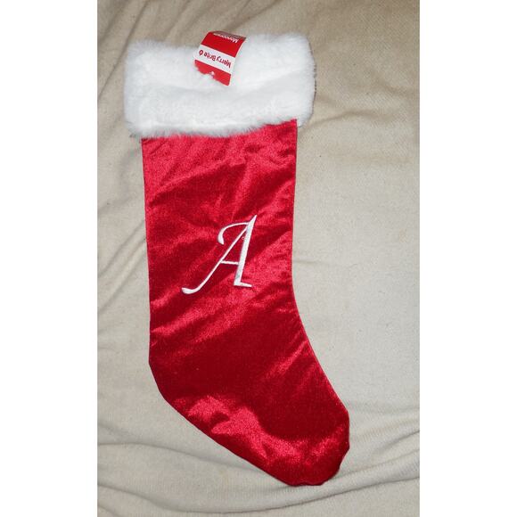Upper Case White A Monogram on a 18.5" Red Velour Christmas Stocking Merry Brite - Picture 1 of 2